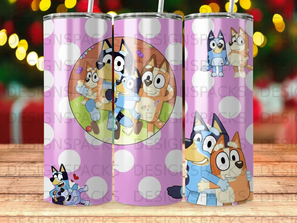 Bluey and Bingo characters in cartoon style, scattered on a pink polka dot background.