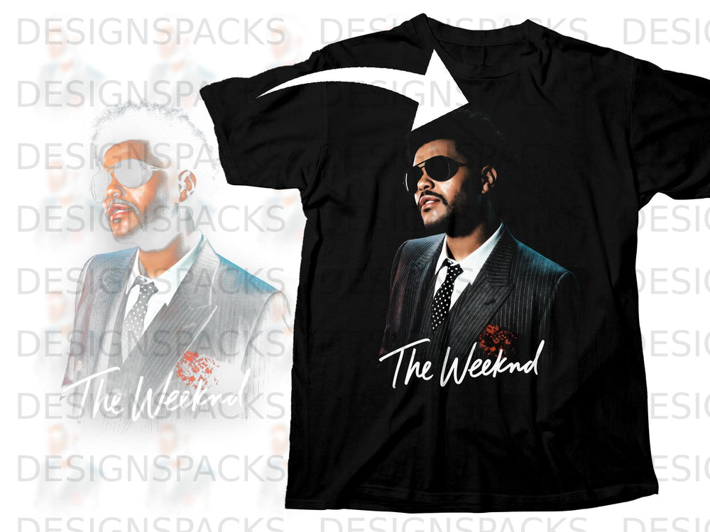 Black t-shirt with a graphic of The Weeknd in a suit and the text "The Weeknd".