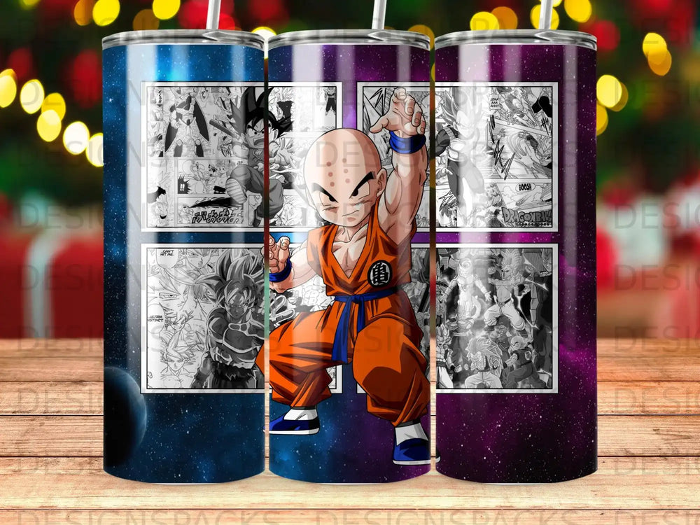 Dragon Ball Z character Krillin in orange gi, surrounded by comic panels.
