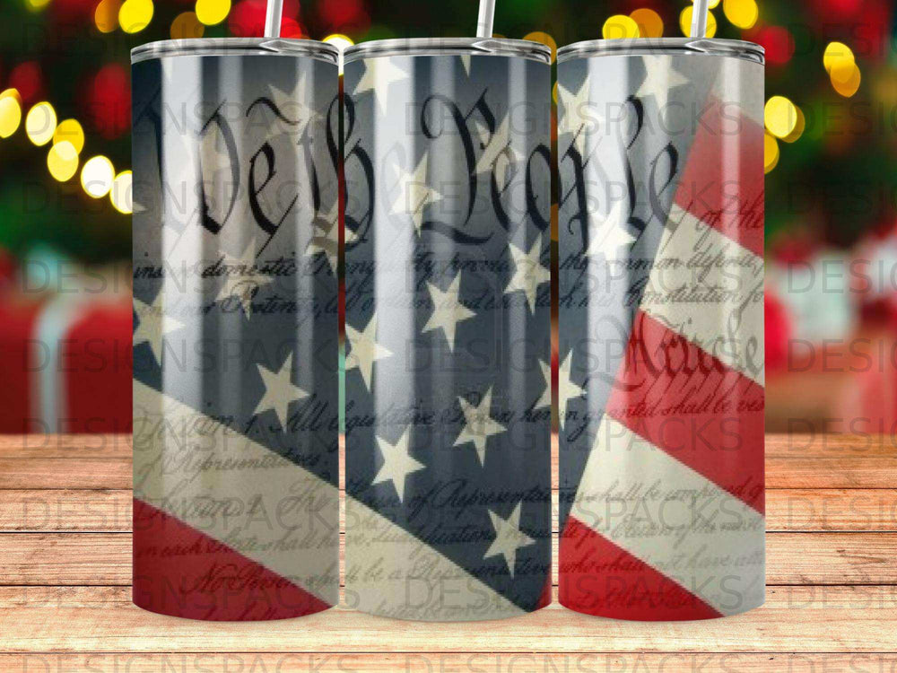 Tumbler with "We the People" text and American flag design.