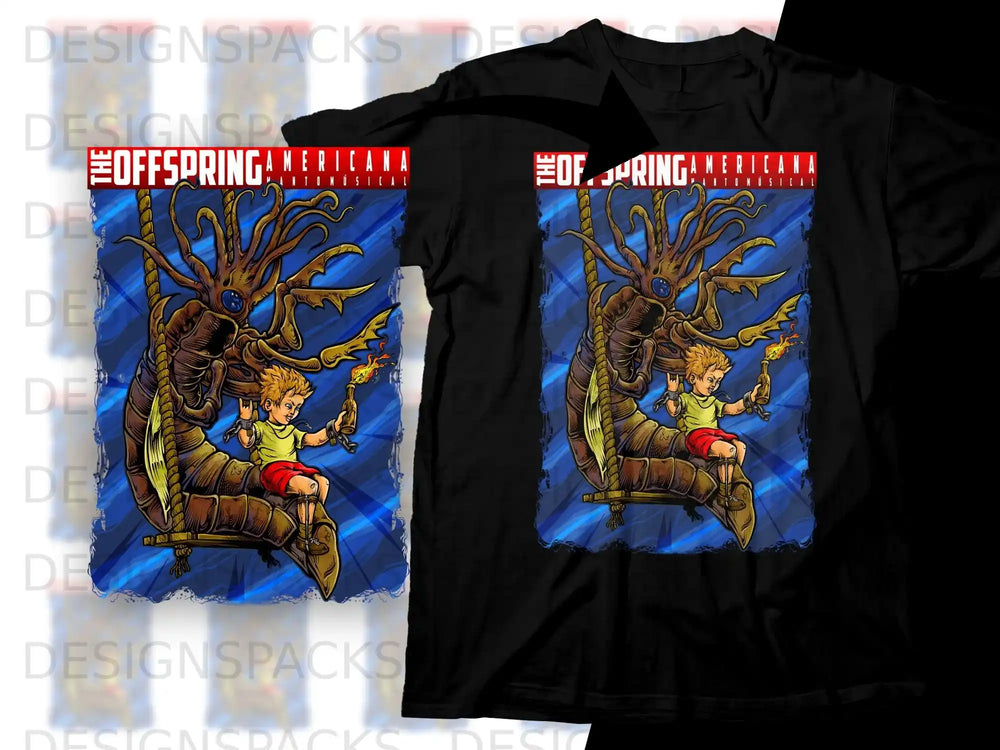 Boy on swing with torch, fighting octopus monster, "The Offspring" logo.