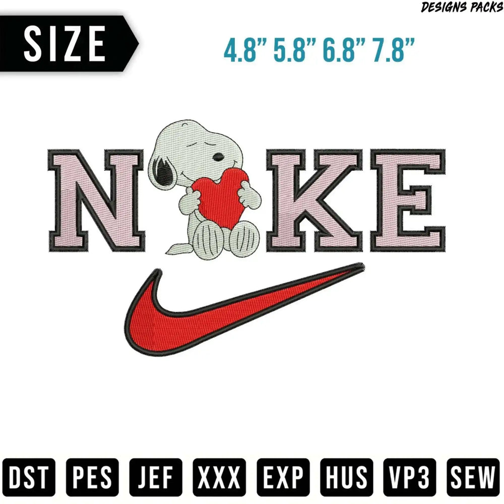 Snoopy character holding a heart over the Nike logo.