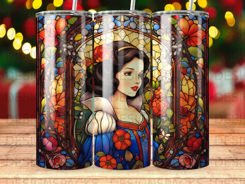 Snow White portrait in stained glass with floral motifs on a tumbler.