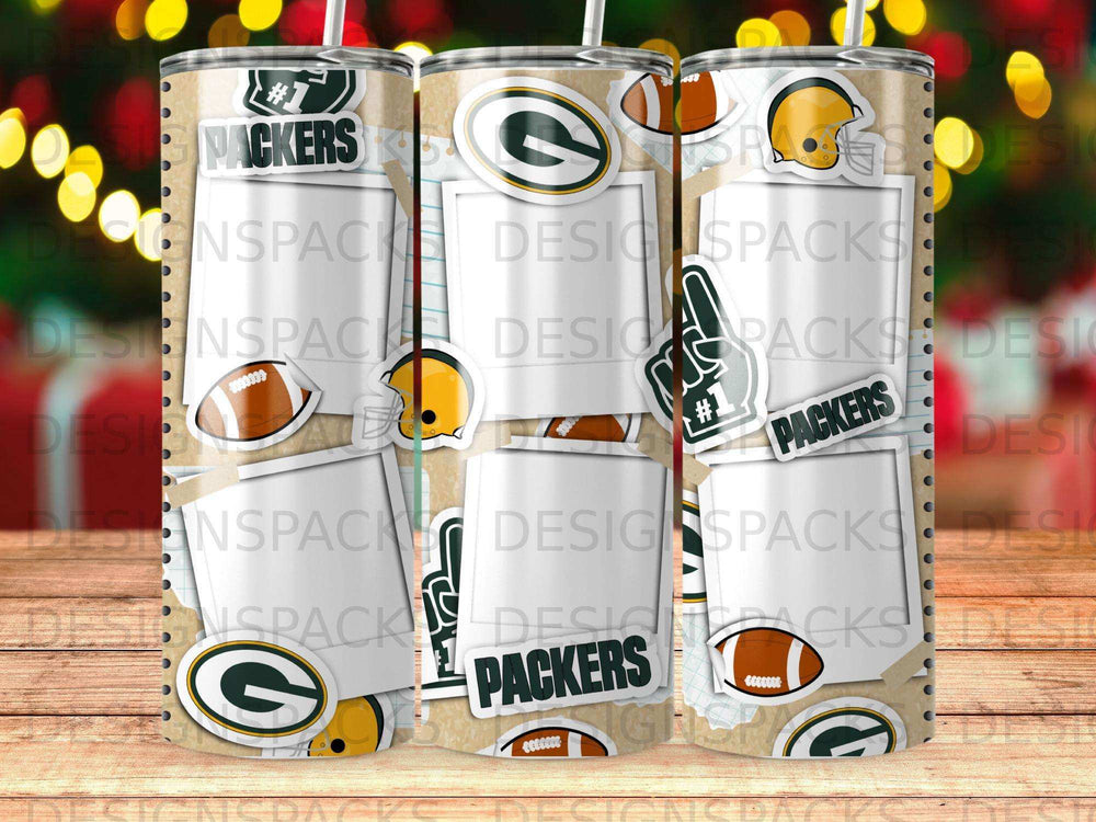 Green Bay Packers tumbler with team logo, footballs, and "#7".
