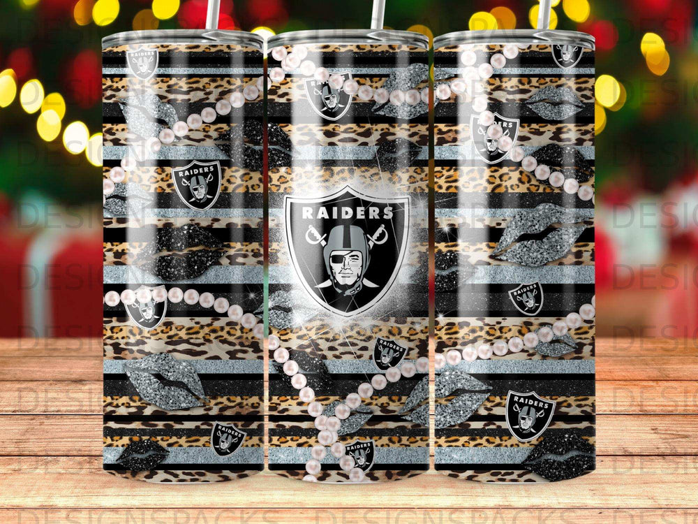 Raiders logo with leopard print, glitter lips, and pearls.