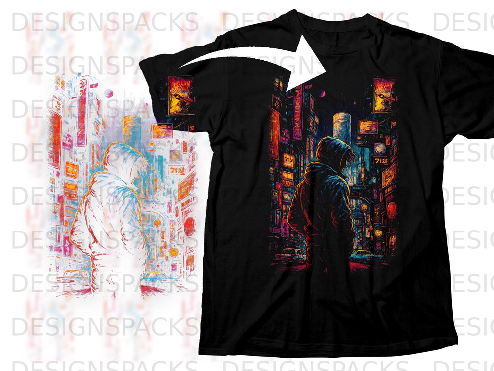 Black t-shirt with graphic of person looking at neon-lit city street.