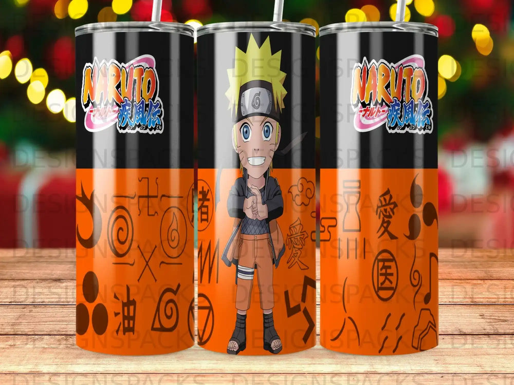 Naruto Uzumaki character with Japanese symbols and branding on a tumbler.