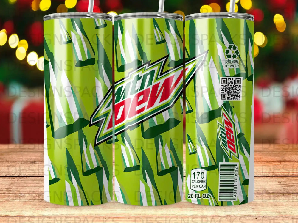 Green Mountain Dew tumbler with barcode and nutrition facts.