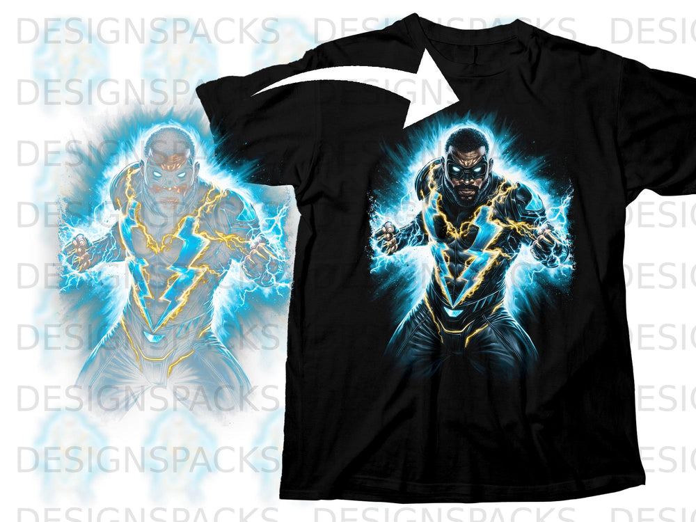 Black t-shirt featuring a superhero with glowing blue lightning and yellow accents.