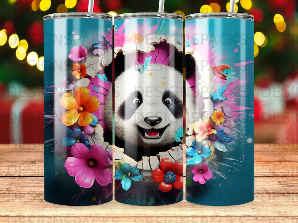 Panda bursting through a floral design on a teal tumbler.