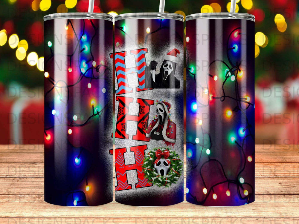 "Ho Ho Ho" with a creepy clown and Christmas lights.