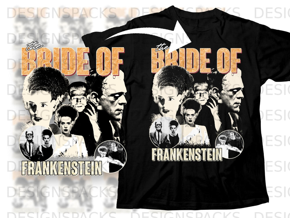 "The Bride of Frankenstein" featuring character portraits and text on a black t-shirt.