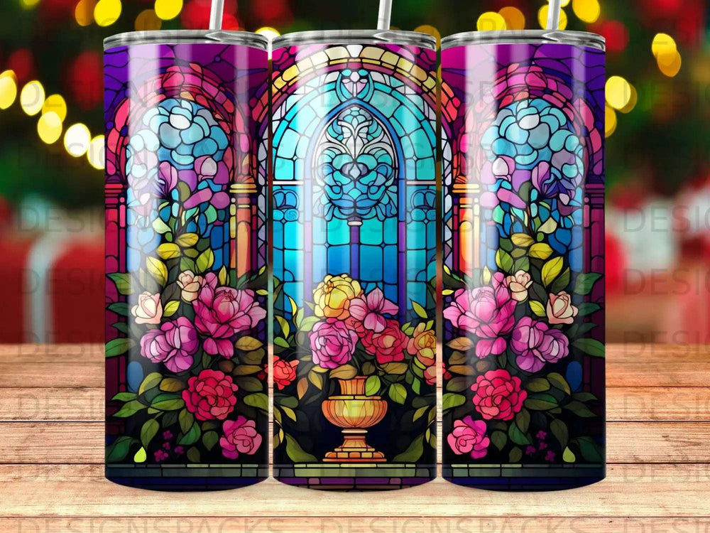 Stained glass window with colorful flowers in a vase.
