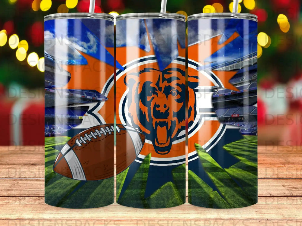 Chicago Bears logo with football against stadium background.