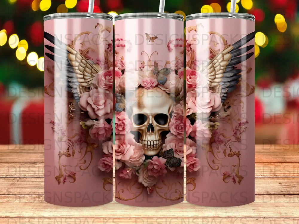 Pink floral and skull design on a tumbler.