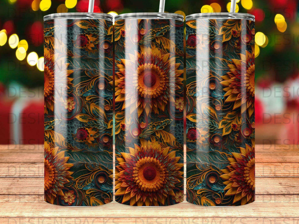 Sunflower pattern on a triple tumbler with bokeh lights in background.
