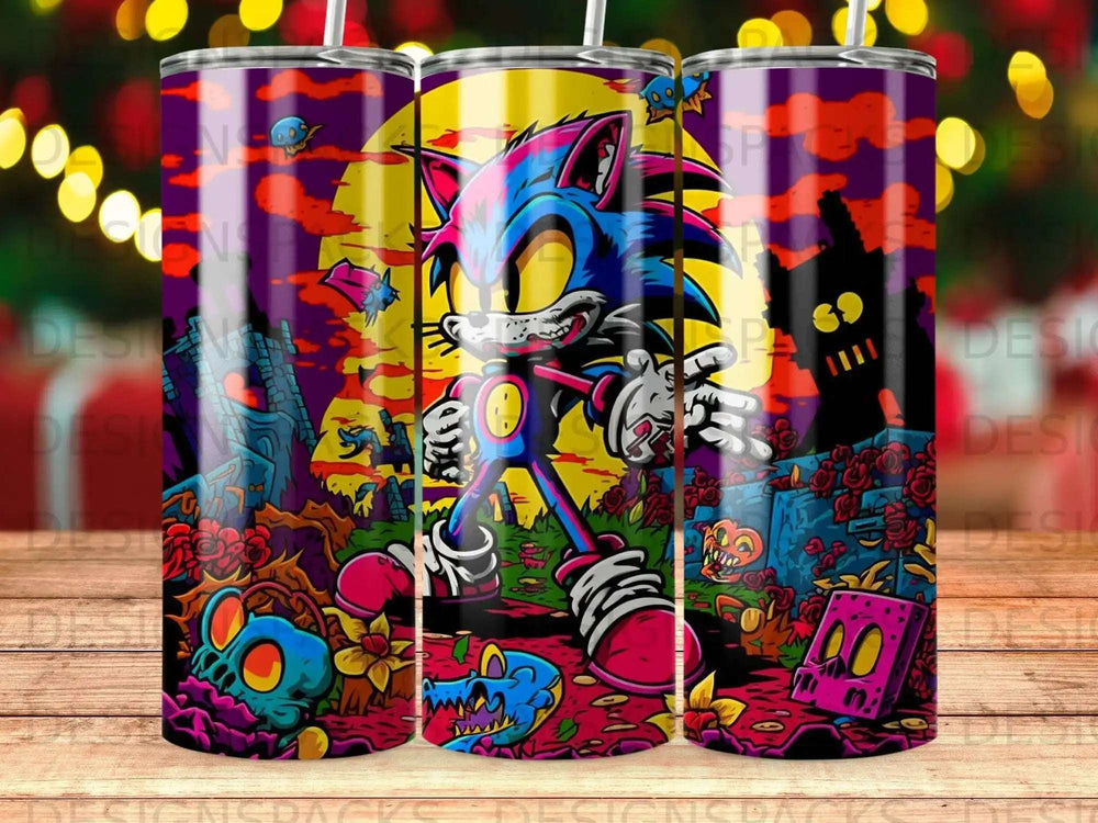 Sonic the Hedgehog character with colorful background, skulls, and roses.