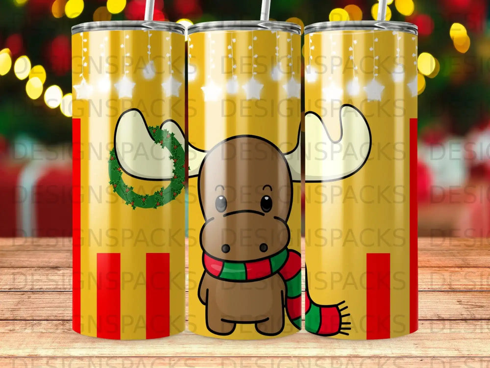 Cartoon moose with red and green scarf and holly wreath on a yellow tumbler.