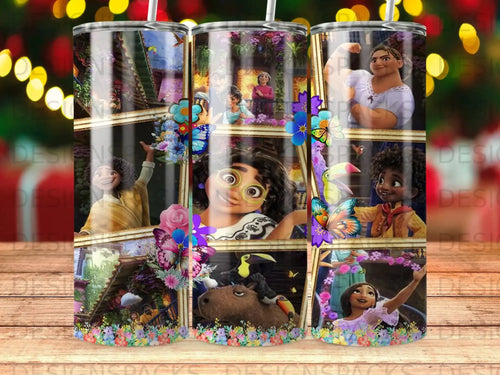 Collage of Encanto characters and scenes on a patterned tumbler.