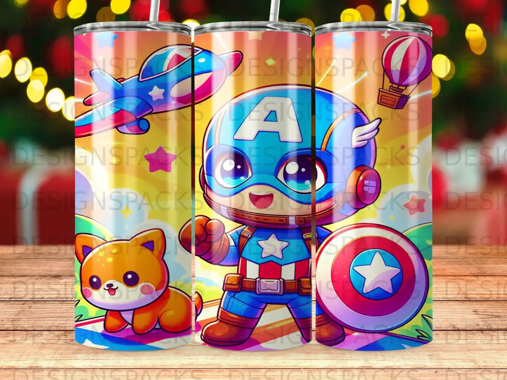 Captain America chibi character with dog, hot air balloon, and airplane on a tumbler.