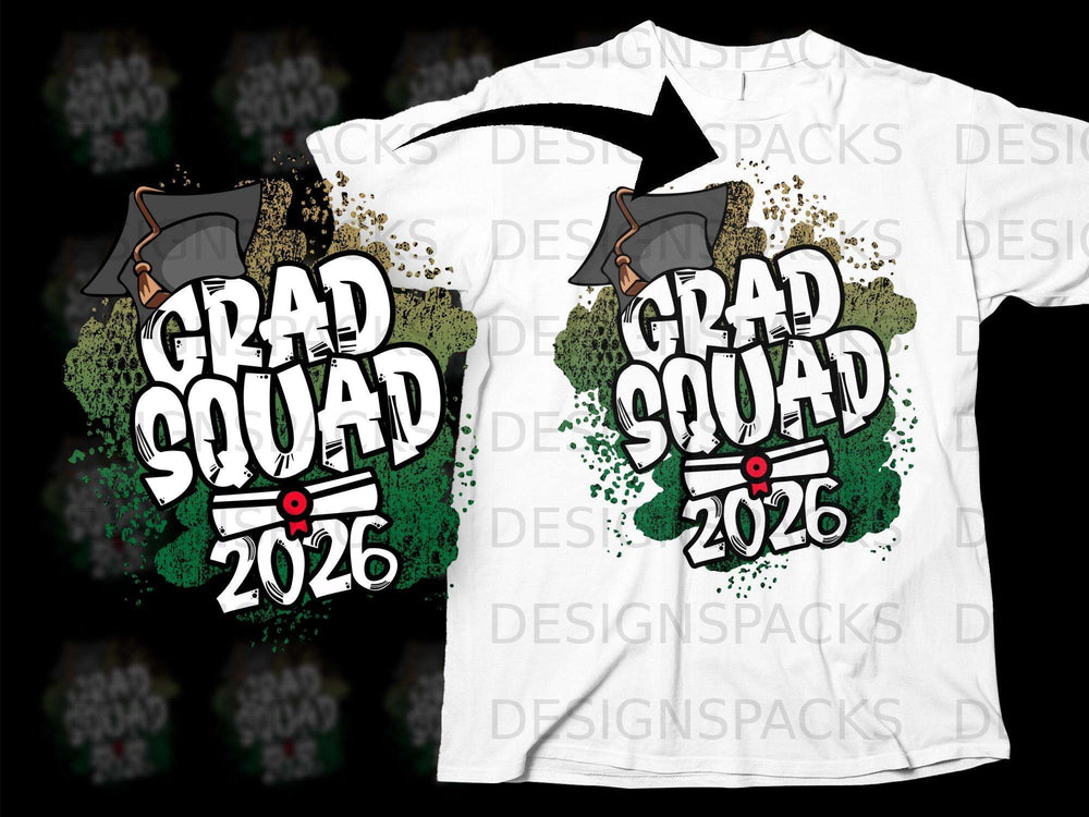 "Grad Squad 2026" text with graduation cap and diploma graphics.