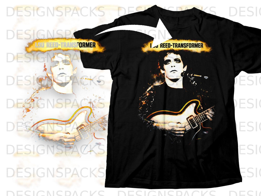 Black t-shirt featuring Lou Reed with guitar and "Lou Reed-Transformer" text.