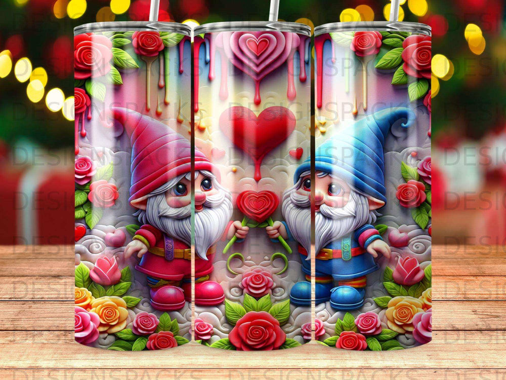 Two gnomes with red and blue hats exchange heart candies against a backdrop of roses.