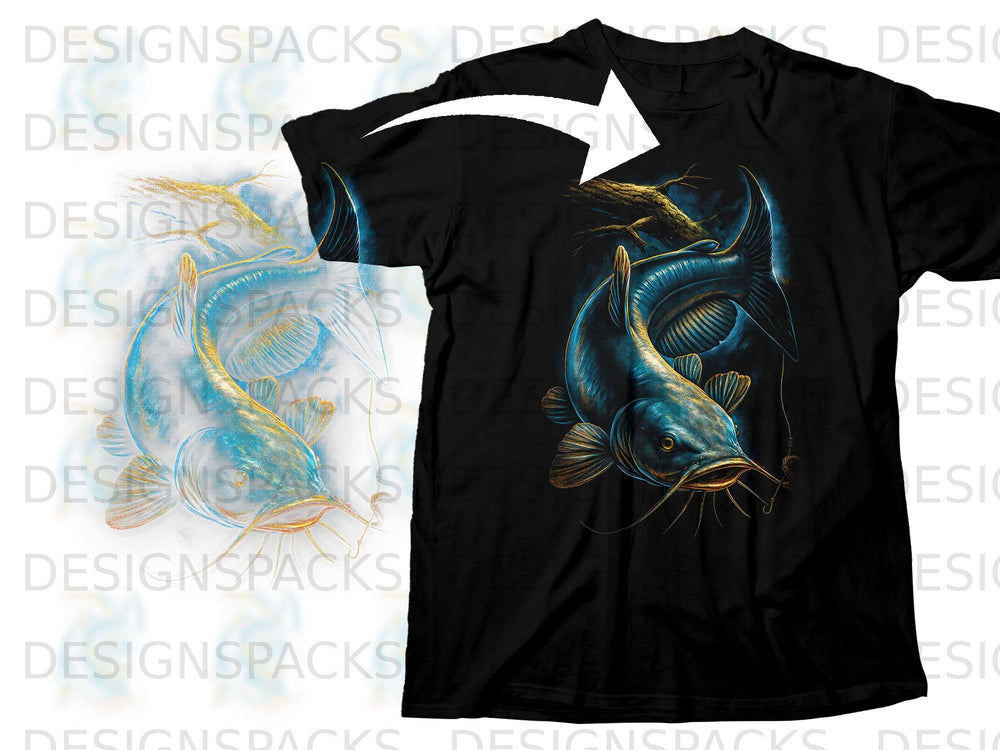 Black t-shirt with a detailed blue catfish graphic on a dark background.