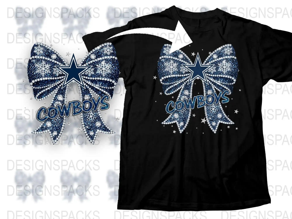 Dallas Cowboys Inspired Rhinestone T-Shirt, Sparkling Blue and Silver Bow, Football Fan Gear, Women's Fashion Tee