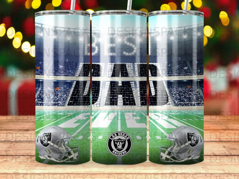 Las Vegas Raiders stadium with "BEST DAD" overlay, football helmet, and stadium lights.