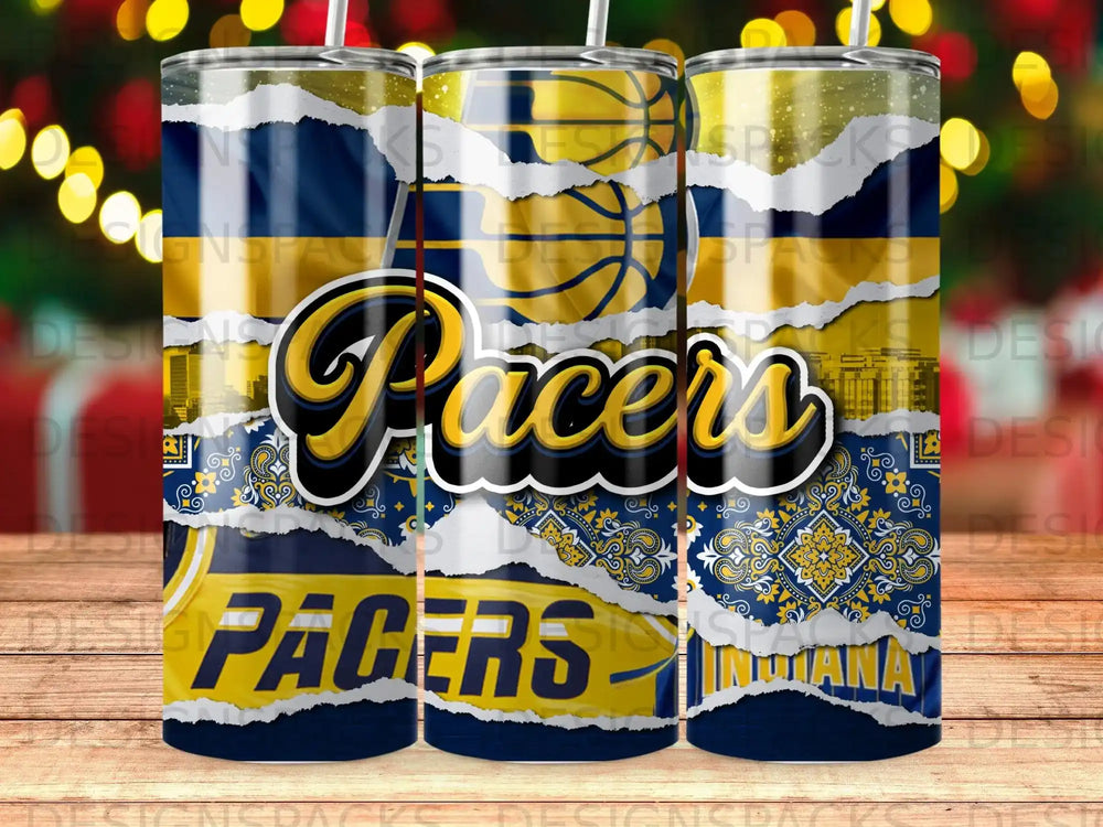 Indianapolis Pacers basketball tumbler with distressed wood background and festive lights.