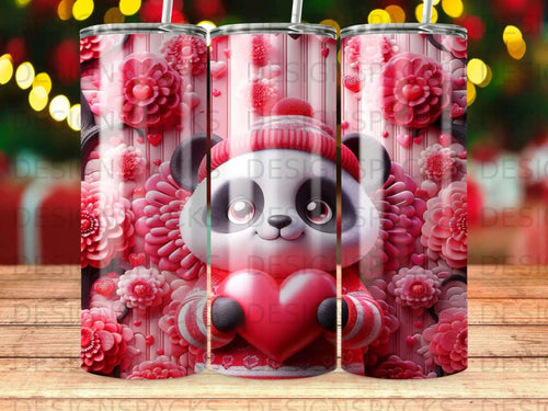 Panda wearing a hat and scarf holding a heart, surrounded by pink flowers.