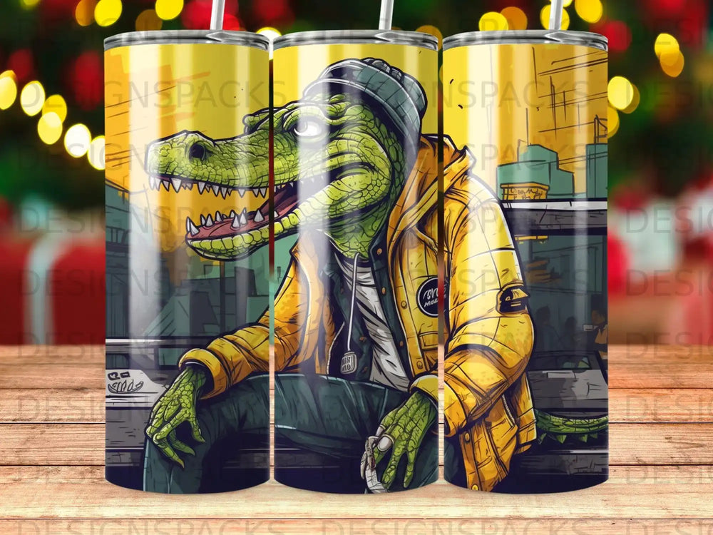 Anthropomorphic alligator wearing a yellow jacket and beanie sits outdoors.