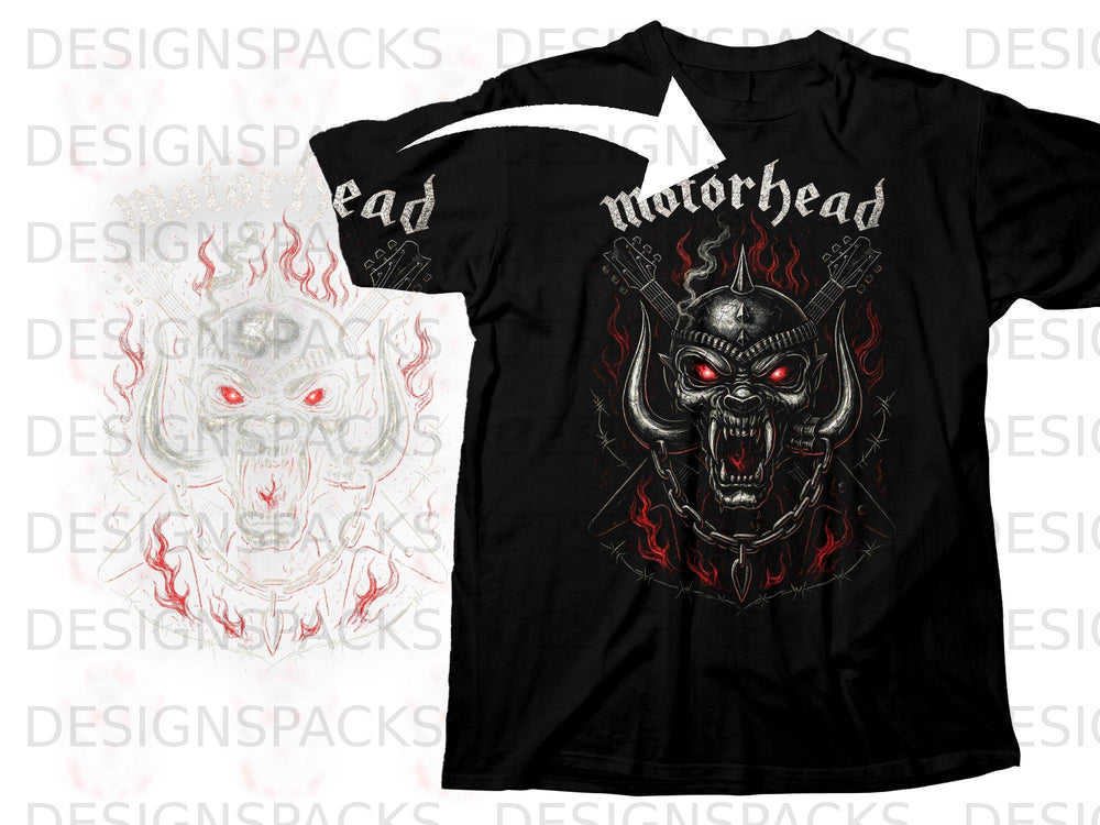 Black t-shirt featuring a snarling devil head graphic with horns, chains, and flames, and "Motorhead" text.