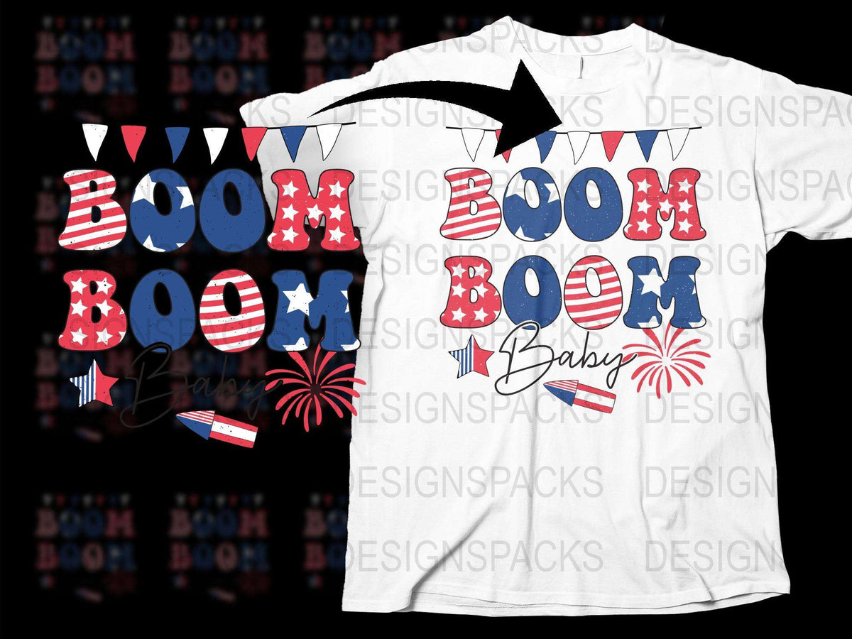 Patriotic Boom Baby T-Shirt, 4th of July Party Shirt, American Flag Fireworks Tee, USA Independence Day Celebration Top