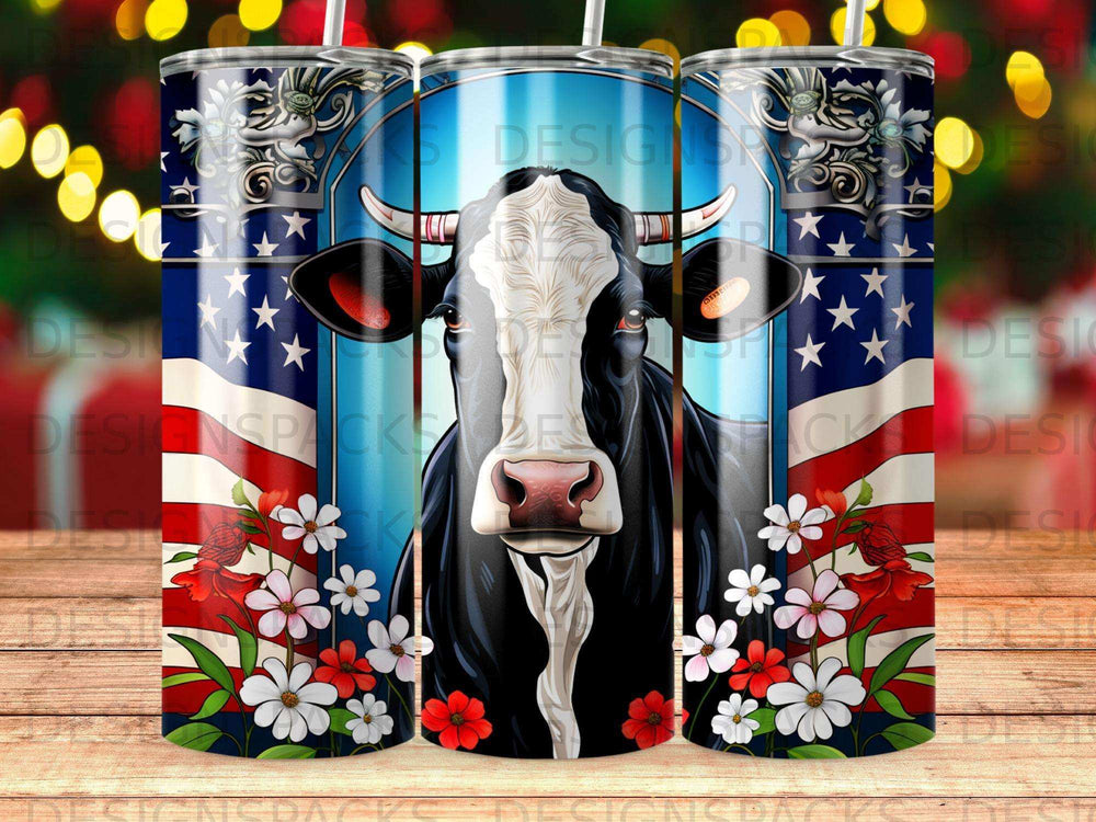 Cow with American flag and flowers on a tumbler.