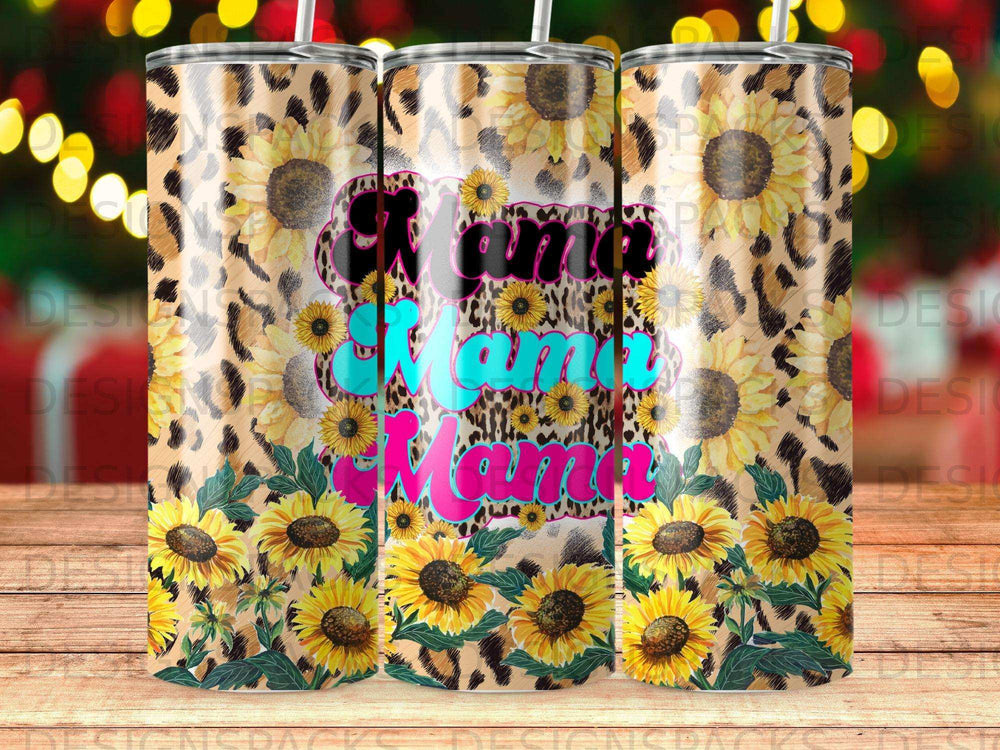 Leopard print tumbler with sunflowers and "Mama" text.