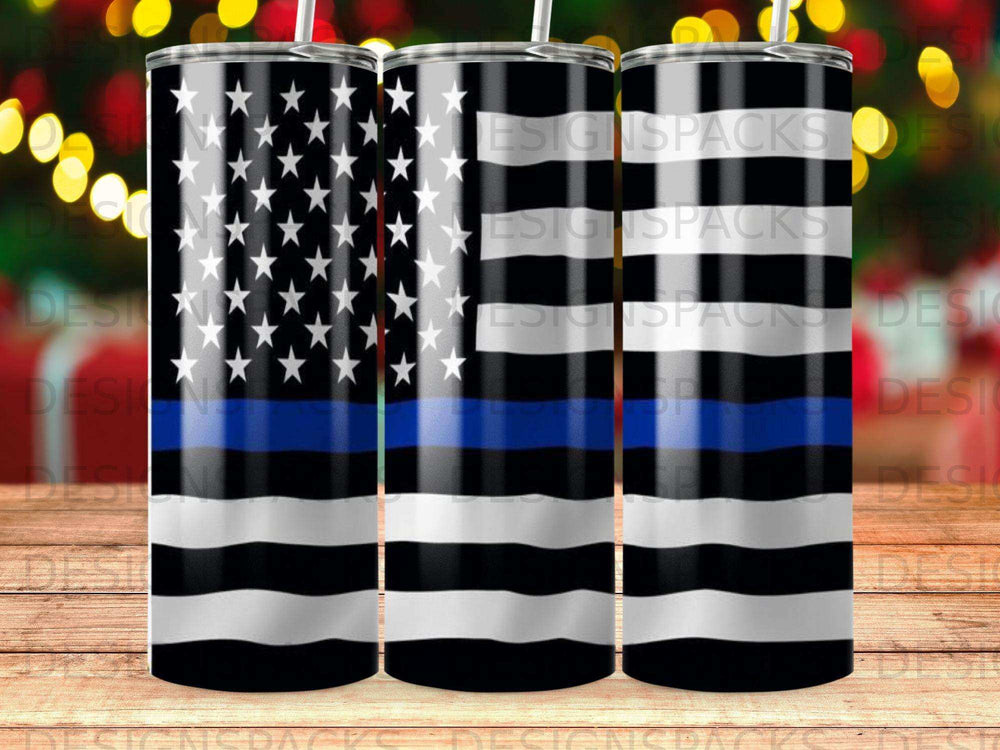 Thin blue line American flag design on a tumbler, showing three tumblers side-by-side.