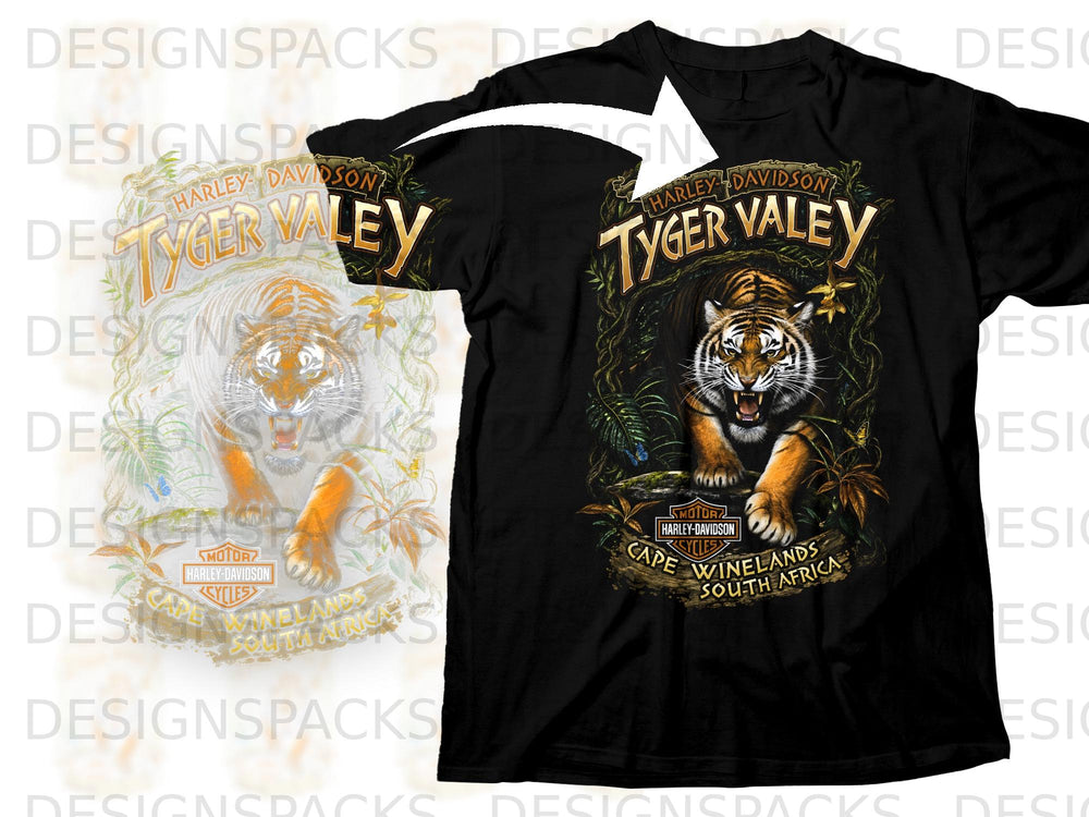 Black t-shirt featuring a roaring tiger graphic with "Harley Davidson Tyger Valey" text.