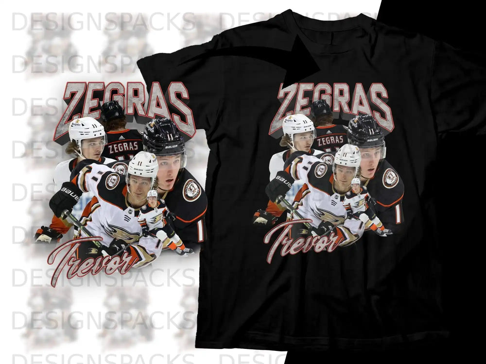 Black t-shirt with "ZEGRAS" and "Trevor" text and hockey player graphic.