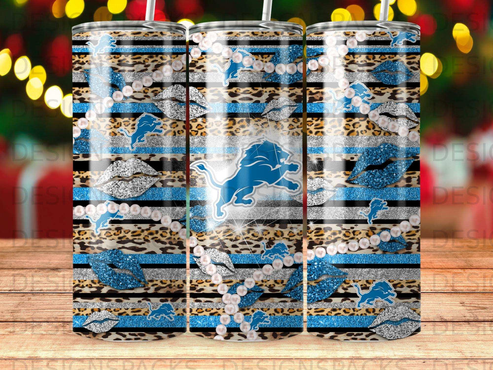 Glittery leopard print and blue lips with a lion logo and pearls.