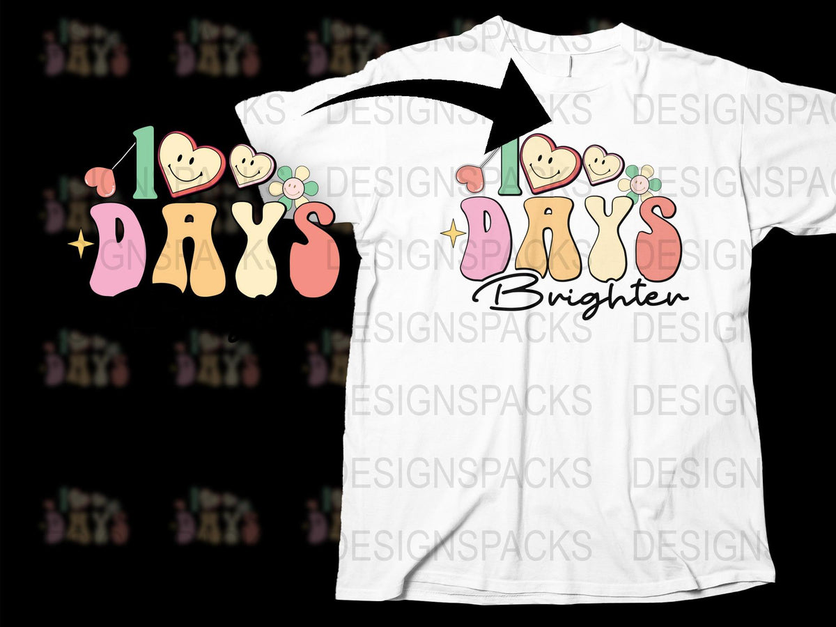 Colorful '100 Days Brighter' Graphic T-Shirt, Cute Emoji Faces, Teacher Celebration Tee, Unisex Kids and Adults Sizes