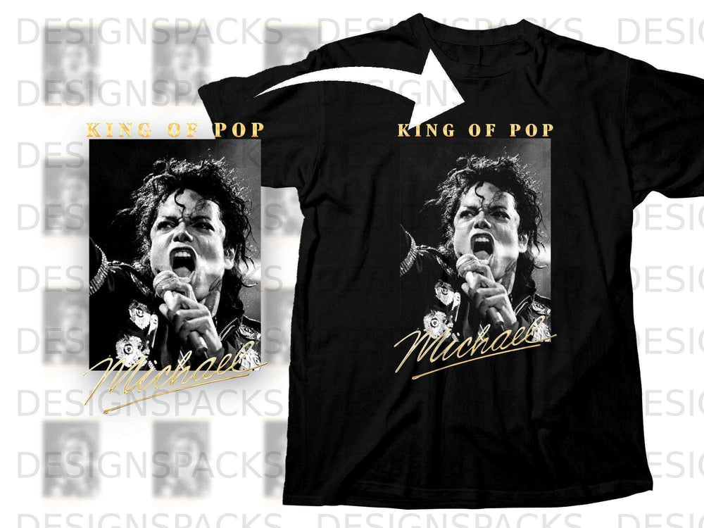 Black t-shirt with Michael Jackson "King of Pop" graphic.