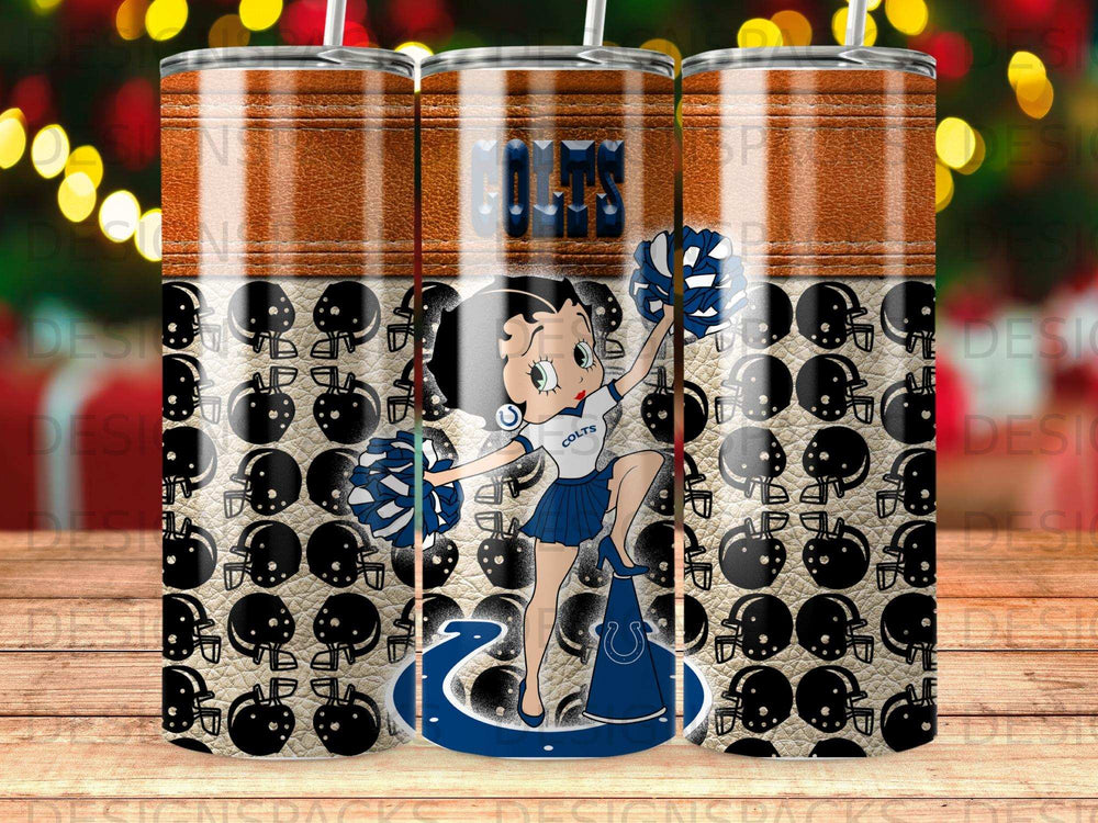 Betty Boop in cheerleader uniform with Indianapolis Colts logo and stadium lights.