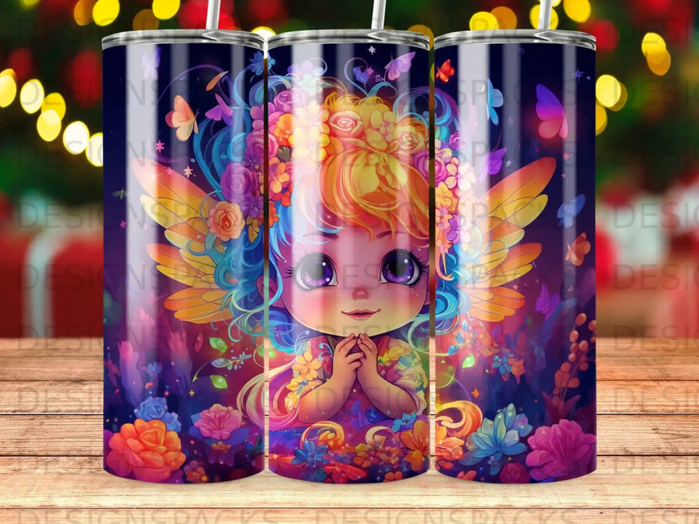 Whimsical fairy with colorful wings and floral crown surrounded by butterflies.