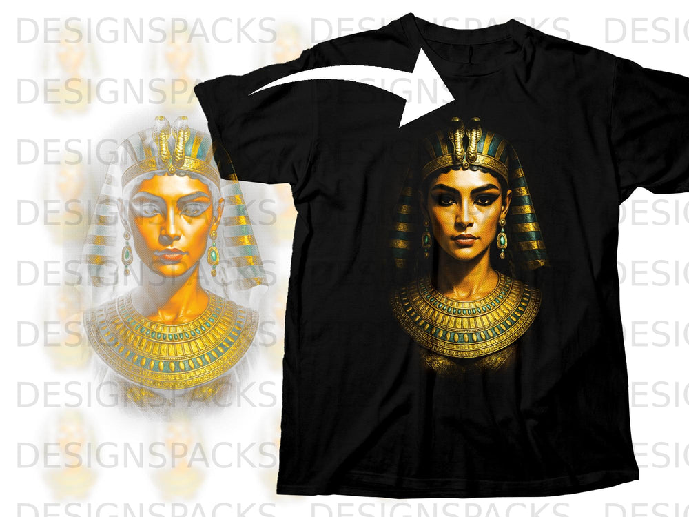 Black t-shirt with a golden Egyptian queen design featuring intricate headdress and jewelry.