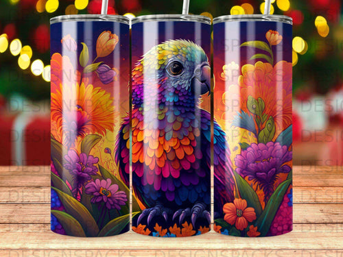 Colorful parrot with vibrant floral background on a tumbler.