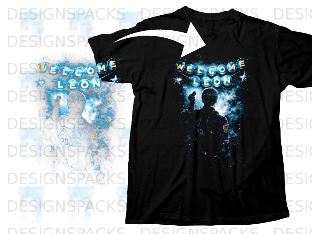 Black t-shirt with "Welcome Leon" text and a character in uniform.