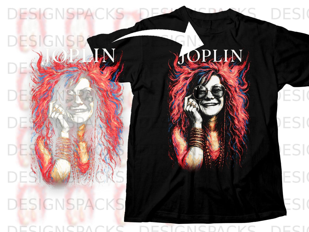 Black t-shirt with a graphic of Janis Joplin and the word "JOPLIN".