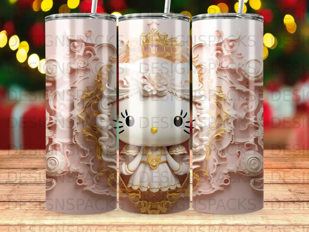 Hello Kitty in ornate pink dress with crown, detailed background.